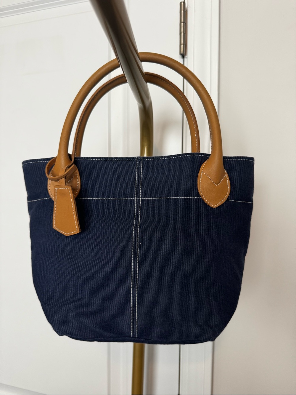 Navy Canvas Mini Tote with Tan Leather Handles NWOT